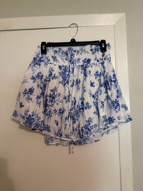Blue Floral Elastic Waist Skirt